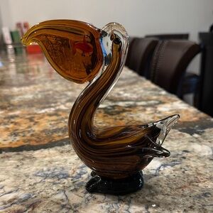 Handblown Amber Glass Swan Sculpture - Decorative Home Art